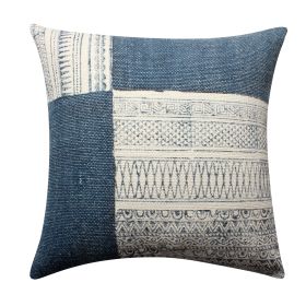 Dae 24 x 24 Square Handwoven Cotton Accent Throw Pillow; Classic Simple Kilim Pattern; Blue; Off White