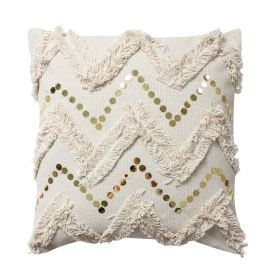 18 x 18 Square Polycotton Handwoven Accent Throw Pillow; Fringed; Sequins; Chevron Design; Off White