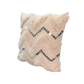 18 x 18 Square Cotton Accent Throw Pillow; Handcrafted Chevron Patchwork; Sequins; Blush Pink