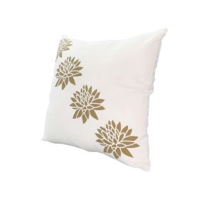 18 x 18 Square Accent Pillow; Soft Cotton Cover; Printed Lotus Flower; Polyester Filler; Gold; White