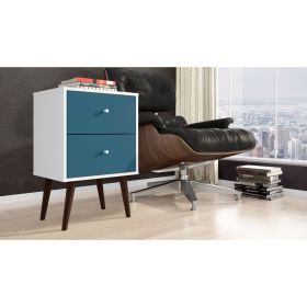 Manhattan Comfort Liberty Mid-Century Modern Nightstand 2.0 with 2 Full Extension Drawers in White and Aqua Blue with Solid Wood Legs