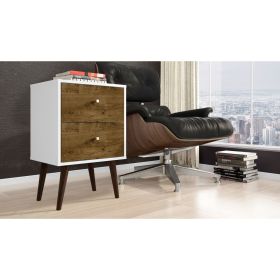Manhattan Comfort Liberty Mid-Century Modern Nightstand 2.0 with 2 Full Extension Drawers in White and Rustic Brown with Solid Wood Legs
