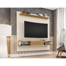Manhattan Comfort Camberly 62.36 Floating Entertainment Center with 3 Shelves and Overhead Decor Shelf in Off White and Cinnamon