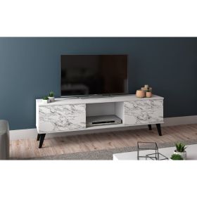 Manhattan Comfort Doyers 53.15 Mid-Century Modern TV Stand in White and Marble Stamp