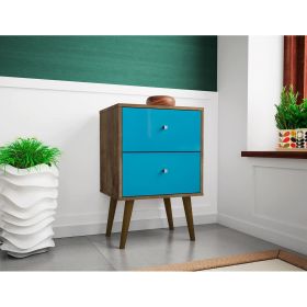 Manhattan Comfort Liberty Mid-Century Modern Nightstand 2.0 with 2 Full Extension Drawers in Rustic Brown and Aqua Blue