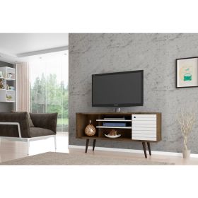 Manhattan Comfort Liberty 53.14" Mid-Century Modern TV Stand with 5 Shelves and 1 Door in Rustic Brown and White with Solid Wood Legs