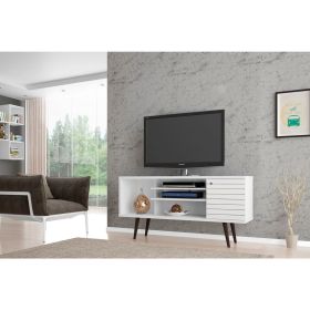 Manhattan Comfort Liberty 53.14" Mid-Century Modern TV Stand with 5 Shelves and 1 Door in White with Solid Wood Legs