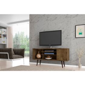 Manhattan Comfort Liberty 53.14" Mid-Century Modern TV Stand with 5 Shelves and 1 Door in Rustic Brown with Solid Wood Legs