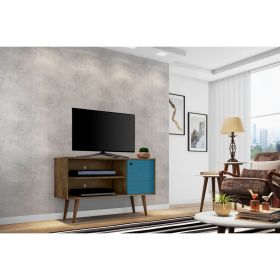 Manhattan Comfort Liberty 42.52" Mid-Century Modern TV Stand with 2 Shelves and 1 Door in Rustic Brown and Aqua Blue