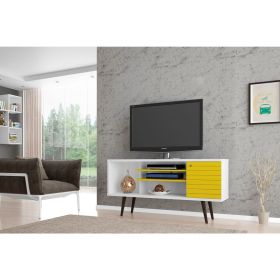 Manhattan Comfort Liberty 53.14" Mid-Century Modern TV Stand with 5 Shelves and 1 Door in White and Yellow with Solid Wood Legs