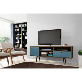 Manhattan Comfort Liberty 70.86" Mid-Century Modern TV Stand with 4 Shelving Spaces and 1 Drawer in Rustic Brown and Aqua Blue with Solid Wood Legs