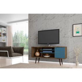 Manhattan Comfort Liberty 53.14" Mid-Century Modern TV Stand with 5 Shelves and 1 Door in Rustic Brown and Aqua Blue with Solid Wood Legs