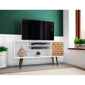 Manhattan Comfort Liberty 53.14" Mid-Century Modern TV Stand with 5 Shelves and 1 Door in White and 3D Brown Prints