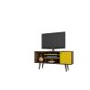 Manhattan Comfort Liberty 53.14" Mid-Century Modern TV Stand with 5 Shelves and 1 Door in Rustic Brown and Yellow with Solid Wood Legs