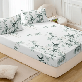 3pcs Fitted Sheet Set, Plant Printed Bedding Set Fitted Sheet, For Bedroom, Guest Room (1*Fitted Sheet + 2*Pillowcases, Without Core) (Color: Bamboo Green)
